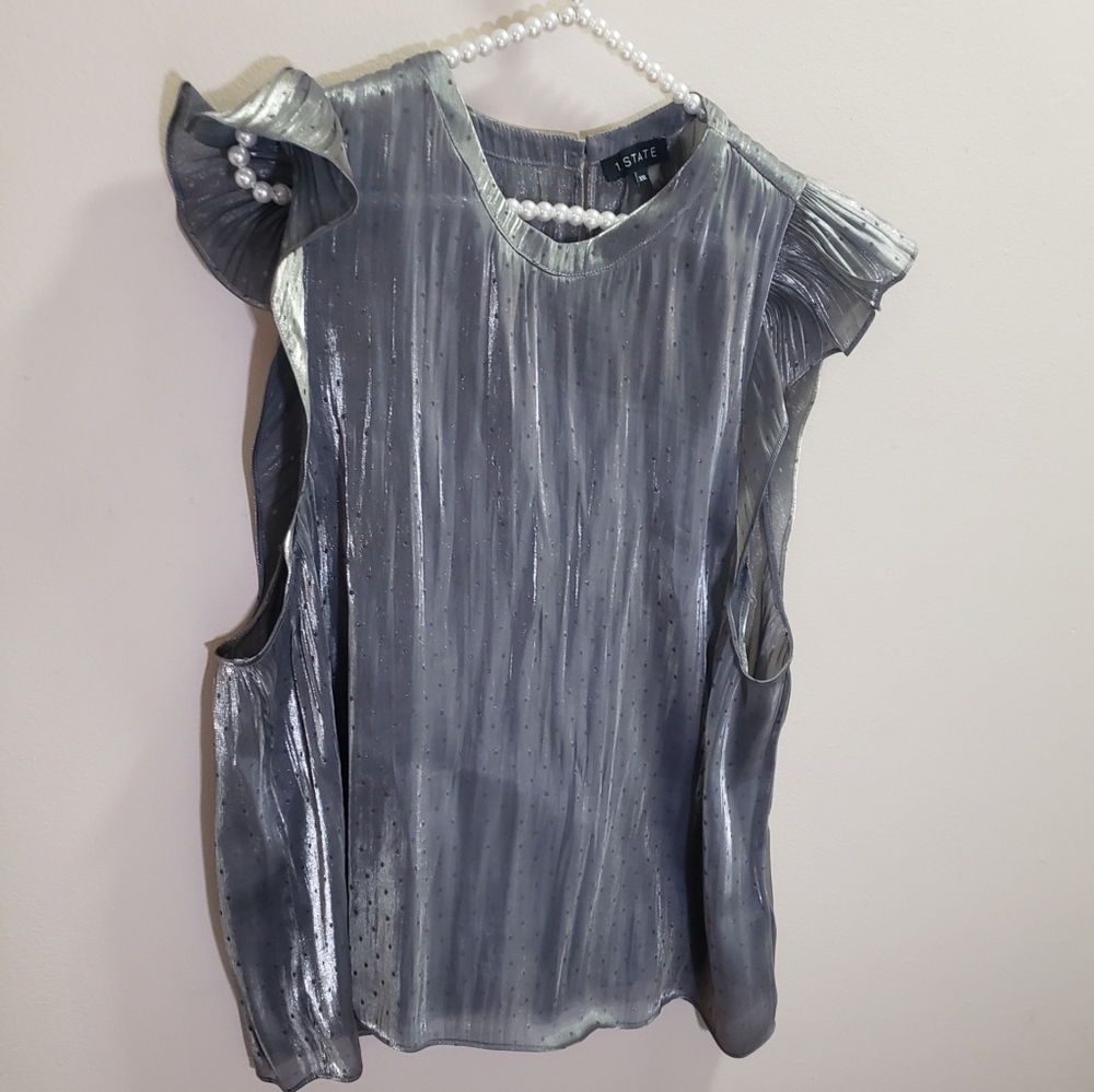SOLD!   1.STATE Metallic Shimmer Silver Gray Flutter Sleeve Blouse Size XXL NWT